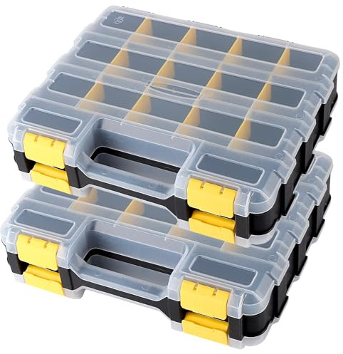 2 x Doppelseitige Hardware-Werkzeugkästen, Schraubensortierbox mit 34 Fächern, Kleinteile-Organizer mit Tragegriff und herausnehmbaren Trennwänden,Leere Aufbewahrungsbox für Werkzeuge,Schrauben