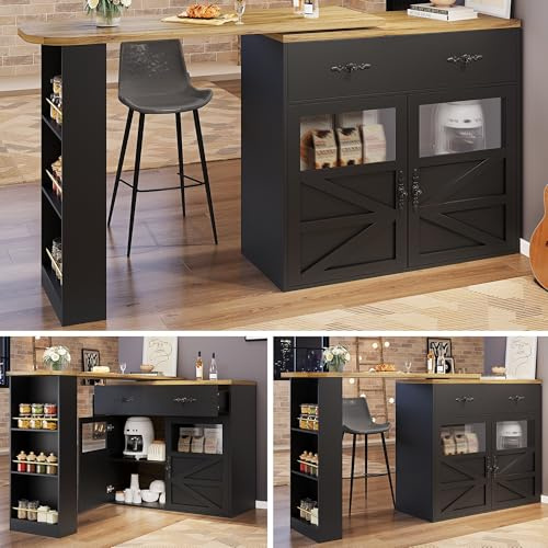 Lahoomu Ausziehbarer Bartisch mit Stauraum(138-204×39×104cm), 360° Drehbare Essbar, Beweglicher Bar Table, Hochtisch Kücheninsel Bistro Table, Sideboardschrank mit Regalen, Schwarz