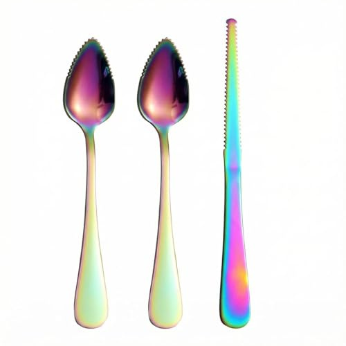 3Pcs Serrated Edge Fruit Spoons and Knife, ​Stainless Steel​ Curved Utensils, for ​Citrus Lemon Kiwi Melon​ and More Fruits (Colorful)