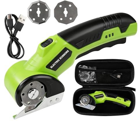 Ciseaux Electrique Tissu Couture, 4,2 V Ciseaux Électriques Sans Fil universelle Avec batterie de 2000 mAh et 2 lames pour papier, carton, tapis, cuir, feutre