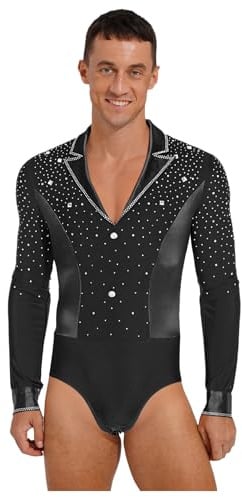 Fldy Herren Tanzbody Langarm V-Ausschnitt Glitzer Hemd Mit Revers Gymnastik Body Eislaufen Trikot Ballett Tanzkostüm Schwarz M