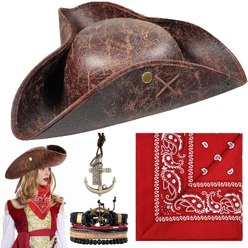 LUKIUP Piratenhut Set 4 Stück Piraten Kostüm Zubehör Piratenhut für Erwachsene Piratenkopftuch Piraten Hut, Mittelalter Pirate Herren, Kostüm Halloween Damen Costume Karneval Cosplay