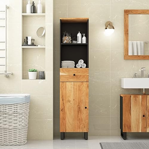 Hoopleep Badschrank 38x33x160 cm, Massivholz Akazie, freistehend, robust, Badezimmer Aufbewahrung, Waschtisch Schrank modern