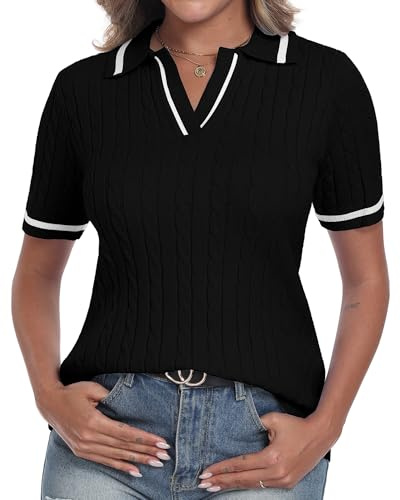 YUNDAI Womens Cable Knitted Collared V Neck Jumpers | Soft cable knit lightweight stretch, white striped collar & cuffs, slim preppy jumper for office school spring daily wear
