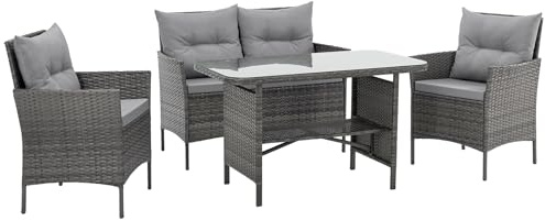 SVITA Dallas Gartensitzgruppe Polyrattan 4-teilig Outdoor Set mit 2 Sesseln 2er-Sofa & Esstisch Wetterfestes PE-Rattan Stahlrahmen & Sitzkissen Grau