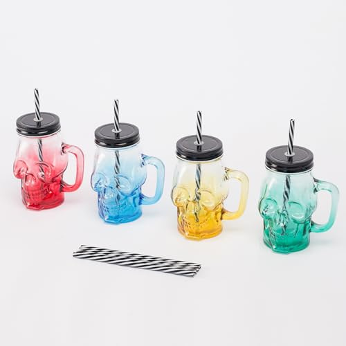 Relaxdays Trinkgläser mit Deckel & Strohhalm, 4er Set, 500 ml, Totenkopf, Schraubverschluss, Henkel, Glasbecher, bunt