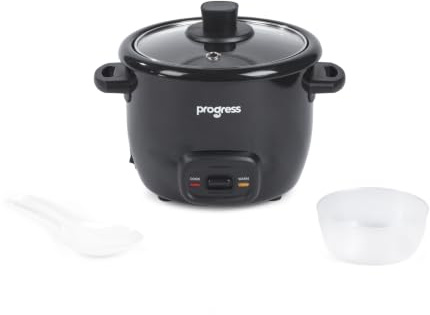 Progress Rice Cooker 0.4 L, 2 Cup Capacity, Keep Warm | Aluminium Inner Pot With PFAS-Free Coating, 250 W Power, Black Finish, Includes Measuring Cup And Rice Paddle