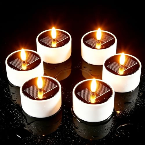 Lot de 6 bougies chauffe-plat solaires d'extérieur avec scintillement blanc chaud 6 x 5 cm, bougies solaires réutilisables, blanches étanches, pour balcon, lanterne intérieure, terrasse, jardin