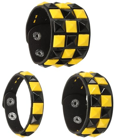 QUARKZMAN 3 Pcs Bracelet En Cuir Punk 8.7/22cm Pour Halloween Noir Jaune | Rivets Carrés Goth Clous Bracelet À Pointes, Bracelet Réglable, Favoris De Fête Accessoires Emo Grunge