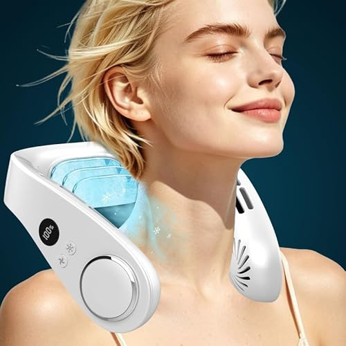DDKJ Neck Fan with Cooling Plate,1S Quick Cool 15℃,24H Quiet 5-Speed Airflow,5500mAh Rechargeable Head Fans,LED Display Wearable Cooler,Bladeless Portable Personal AC for Men Women Kids Indoor Outdoor