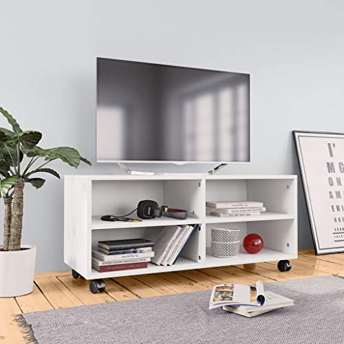 Contrachapado ruedas 4 compartimentos diseño moderno 90x35x35 cm blanco | Mueble de TV con ruedas madera contrachapada blanco 90x35x35 cm Sala Estante Multimedia Organizador