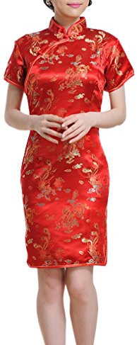 LUCK Femme Robe Chinoise Cheongsam Qipao Manches Courtes Moulante en Brocart (EU 36-Tag M, Rouge)