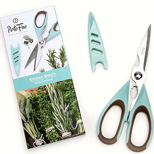 PortoFino Multi-Functional Kitchen Shears - Utility Scissors with Blade Protector | Micro Serrated Stainless Steel Blade | Anti-Slip Grip | Food Prep Accessories | Bottle Opener, Crab & Nut Cracker