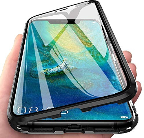 Hkess Kompatibel für Xiaomi Redmi Note 7 Hülle Magnetische Adsorption Metallrahmen Handyhülle Ultradünn 360 Grad Schutzhülle Transparente Vorne und Hinten Vollbild Gehärtetes Glas Flip Cover,Schwarz