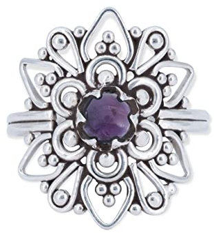mantraroma Amethyst Ring Damen Silber 925 – Eleganter Edelstein Silberring mit rundem Amethyst, Vintage Schmuck Ring, Geschenk für Frauen