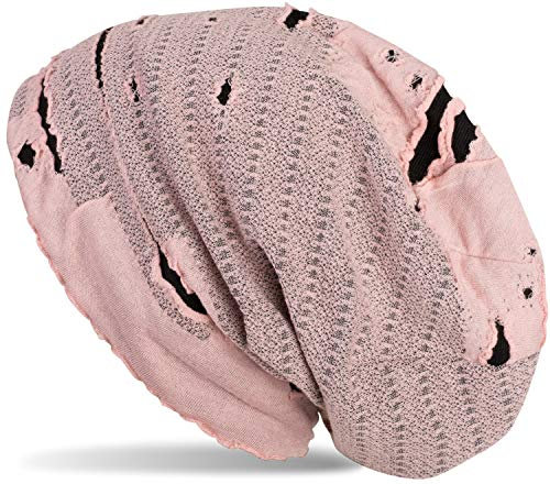 styleBREAKER Beanie Mütze im Destroyed Vintage Used Look, Slouch Longbeanie, Unisex 04024036, Farbe:Rose-Schwarz