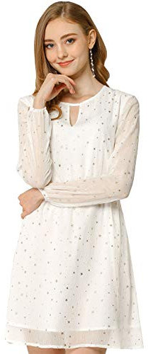 Allegra K Damenkleid mit Kropfband und V-Ausschnitt im Vintage-Stil, Goldfarbene Sternchen mit Metallic-Glanz, A-Linie, Weiss/opulenter Garten, Klein