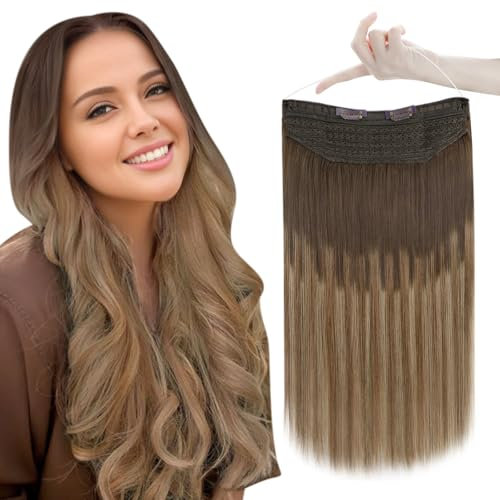 Easyouth Secret Draht Extensions Echthaar Ombre Haarteile Echthaar mit Draht Darkest Brown Mix Mittelbraun und Aschblond 70g 35 cm #2/6/18