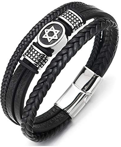 COOLSTEELANDBEYOND Herren DREI Stränge Schwarz Geflochtene Lederarmband Armband mit Edelstahl Davidstern Ovalen und Punktiert Wulst Charme