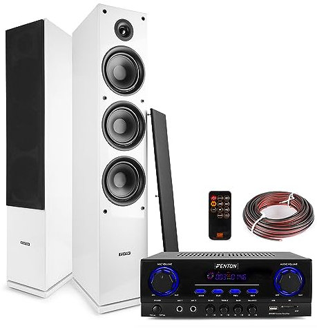 Fenton SHF80W HiFi Tower Speakers Set Pair with AV440 Bluetooth Amplifier – 500W Home Stereo System, 3-Way Floor Standing Speakers 6.5 Inch Woofer, Karaoke Media Player, White Finish