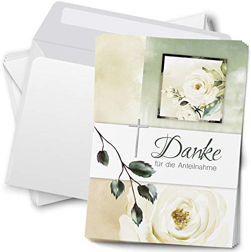 Trauer Danksagungskarten mit Umschlag | Motiv: Rose Kreuz, 10 Stück | Dankeskarten DIN A6 Set | Trauerkarten Danksagung Danke sagen