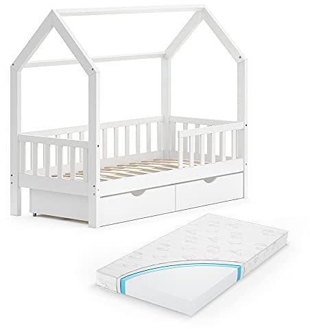 VitaliSpa Hausbett Wiki, Bett aus Holz, Weiß, 80x160 cm mit Schubladen und Matratze