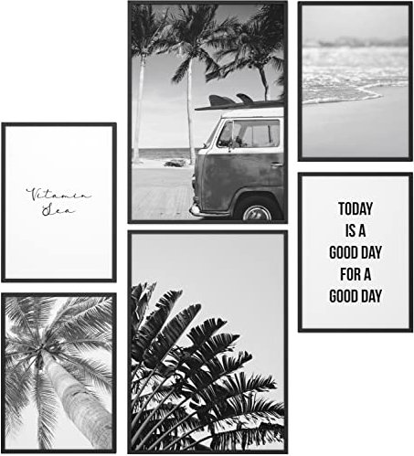 Papierschmiede® Set Mood Posters, Tableau Décoration Murale sans cadres « Beach Noir et Blanc » Bureau, Salon, Deco Chambre Parentale, Cuisine, 2x A3 et 4x A4, plage palmier vacances