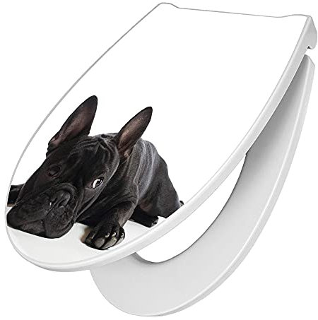 banjado Premium Toilettendeckel mit Absenkautomatik 45x38,4cm / WC Brille Soft Close/hygienischer Toilettendeckel/Klodeckel Duroplast mit Edelstahl Scharnier/Motiv Bulldogge