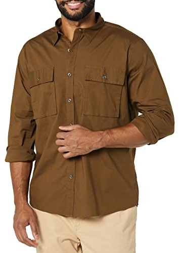 Amazon Essentials Men's Standard-fit Long-Sleeved Two-Pocket Utility Shirt, Dark Olive, XL