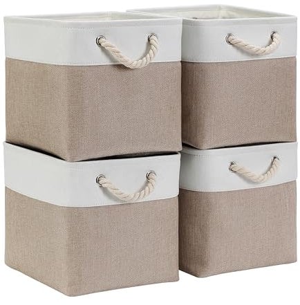 Mangata Cube Storage Boxes 25x25x25cm, Fabric Storage Basket for Cupboards, Shelves, Closet, Light Khaki White(Collapsible, 4 Pack)