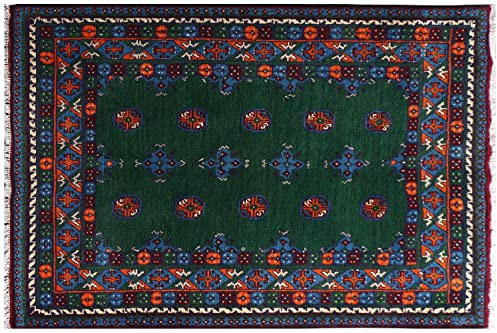RUG PRINCE Afghan Akcha Rang DAR Teppich 100x150 Handgeknüpft Grün Durchgemustert Orient a