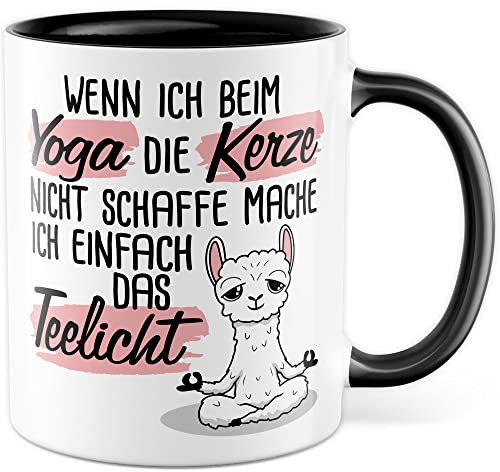 Yoga Tasse Humor Kaffeetasse mit lustigem Spruch Teetasse Yogalehrer Geschenk Joga Witz Kerze Teelicht Kaffee-Becher Meditation Geschenkidee Yogafan Lama Yoga-Motiv (Weiß/Schwarz)