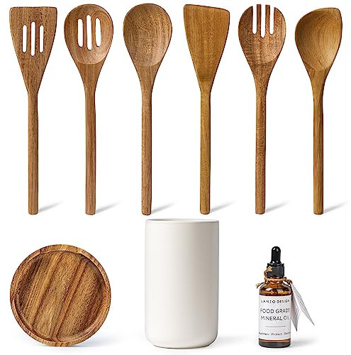 Lanzo Design Juego de utensilios de cocina, 8 espátulas de madera con soporte de cerámica (soporte blanco)