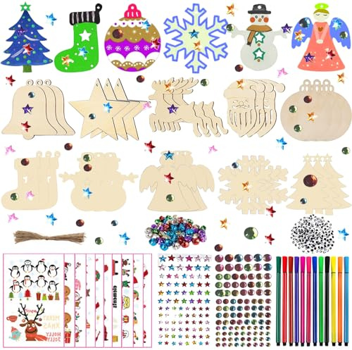 336Pcs Bastelset Weihnachten Kinder, Holzanhänger Deko, Baumschmuck, Christbaumschmuck und Weihnachtsgeschenke für Kinder