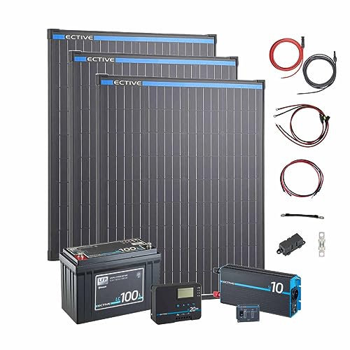 Balkonkraftwerk Solaranlage 1000W komplett - 3 x 100W Monokristallin Solarpanel, inkl. 12V Wechselrichter, MPPT Solar-Laderegler, LiFePO4 Versorgungsbatterie - Mini-PV Photovoltaikanlage, Inselanlage