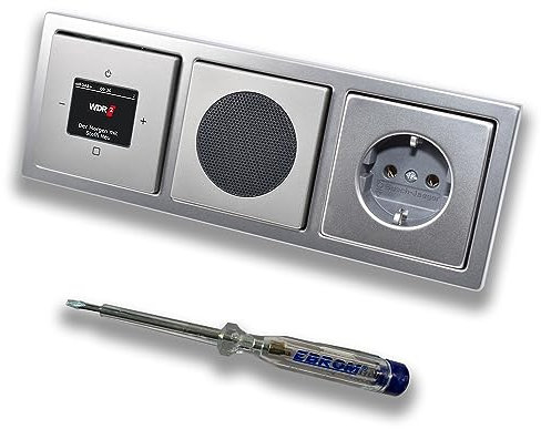Busch Jäger DAB+ (DAB PLUS) Unterputz Radio 8215U-101 PUR Edelstahl, Komplett-Set mit Lautsprecher, Abdeckungen, Steckdose, Rahmen + EBROM Phasenprüfer zur Montage d. Geräte - 8215 U – 101