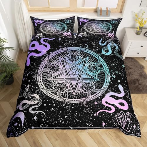 Manfei Bunte Sterne Bull Schädel Bettbezug Set S Größe,Mondsterne Galaxy Bettwäsche Set Gothic Tribal Tiere Schlange Tröster Abdeckung Kinder Jungen Teens Zimmer Dekor Schwarz Lila Blau Quilt Cover