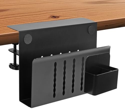 Qivine Vertical Laptop Stand for Desk, Laptop Organiser Stand with Pen Case, No Drilling Required, Space-Saving Desk Side Storage for Office and Home (Black, Single layer)