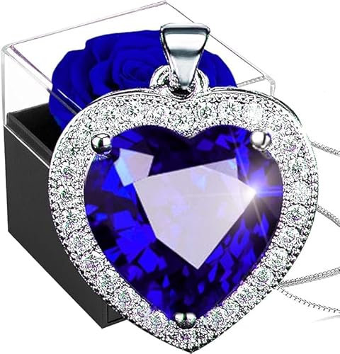 Ewige Rose mit Kette Silber 925,Blaue Infinity Rosen Box mit Geburtsstein Halskette,Konservierte Blumen Birthstone Anhänger,Kristall Herz Halskette mit Saphirblau Geschenkbox Für Weihnacht Mama