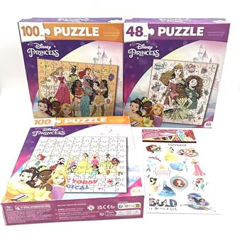 Disney Prinzessinnen-Puzzle, 3 Stück, für Kinder im Alter von 4–8 Jahren – Paket enthält Prinzessinnen-Aufkleber, 1–48 Teile und 2–100 Teile Puzzle – Puzzles für Kinder, Mädchen und Jungen