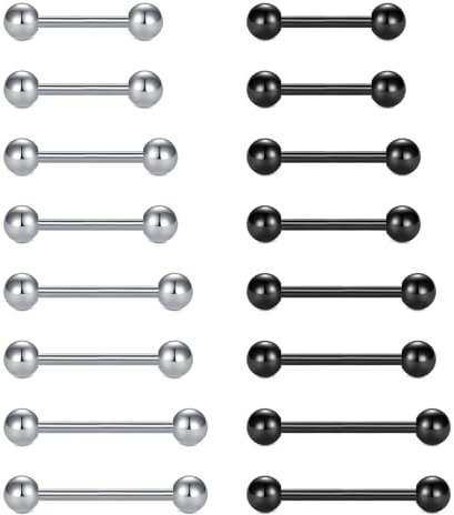 FECTAS 16stk Zungenpiercing Set 14G Chirurgenstahl Piercing Zunge Tongue 12/14/16/18mm Silber Schwarz