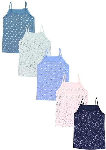 TupTam Mädchen Unterhemd Spaghettiträger Top – Atmungsaktive Unterhemden Mädchen im 5er Pack, Farbe: Blümchen Dunkelblau Blau Grün Rosa Dunkeltürkis, Größe: 110-116