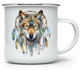 MAXIKIWI Langlebige Emaille-Kaffee- oder Tee-Camping-Tasse für drinnen und draußen, Indianer-Tier, 350 ml