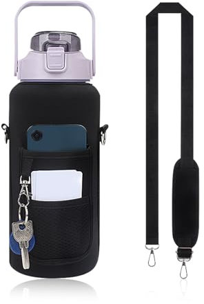 MultiValue Neoprene Water Bottle with Shoulder Strap, 64OZ Sport Water Bottle Carrier Bag Half Gallon Hiking Water Bottle Bag, Water Bottle Pouch for Sport Gym Walking (Black)
