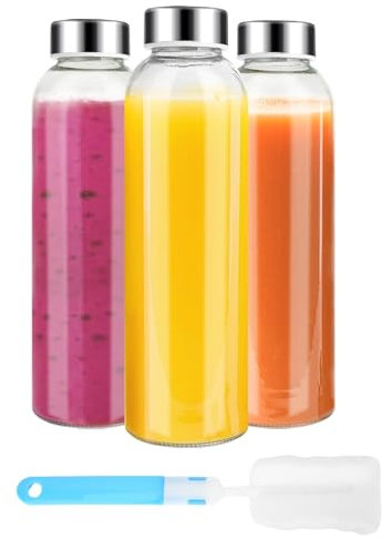 Luxfuel Transparente Glasflaschen mit Deckel, 530 ml, wiederverwendbare Glaswasserflaschen mit Edelstahlkappe zum Entsaften, Kühlschrank, 100 % auslaufsicher, BPA-frei, 3 Stück