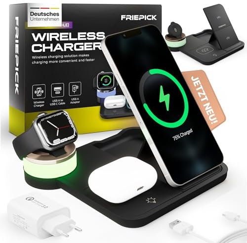FRIEPICK 4-IN-1 Ladestation für iPhone + LED Lampe, kabelloses Ladegerät für iPhone und Apple Watch, Wireless Charger - iPhone 15 14 13 12 11 Pro Max, AirPods 3/2/Pro, Apple Watch 2/3/4/5/6/7/8//9/SE