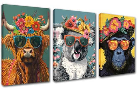 Leinwandbild mit bezaubernden lustigen Tieren, für Wohnzimmer, Dekoration, 3 Stück, Hochlandkuh, Koala, Affe, Sonnenbrille, Wanddekoration, Kunstwerk, Blumen, Tiere, Gemälde, Zuhause, Zimmer, fertig
