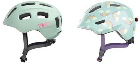 ABUS Fahrradhelm Youn-I 2.0 & Kinderhelm Smiley 3.0 LED - Fahrradhelm mit Licht - Tiefe Passform & Platz für einen Zopf - für Mädchen und Jungs - Hellblau mit Regenbogen-Muster, Größe S