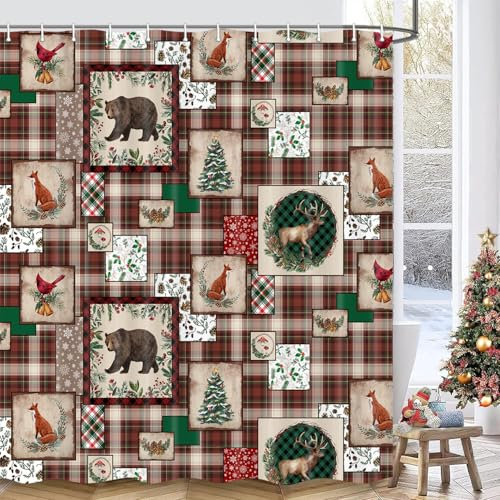 Wathon Rideau de douche à carreaux de Noël rustique avec ours noirs, renards, cerfs, cardinaux, champignons et pins, paysage de forêt d'hiver, décoration de salle de bain 177,8 x 178,8 cm