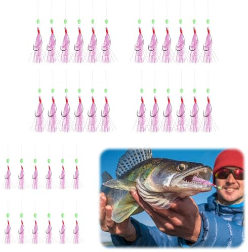 Mackerel Feathers Rigs with Luminous Beads, 6 Packs / 36 Hooks Pre Tied Sea Fishing Tackle Rigs Mackerel Lures Hooks Cod Herring Lure Hook Fishing Rigs Colorful Baits for Deep Sea & Night Fishing